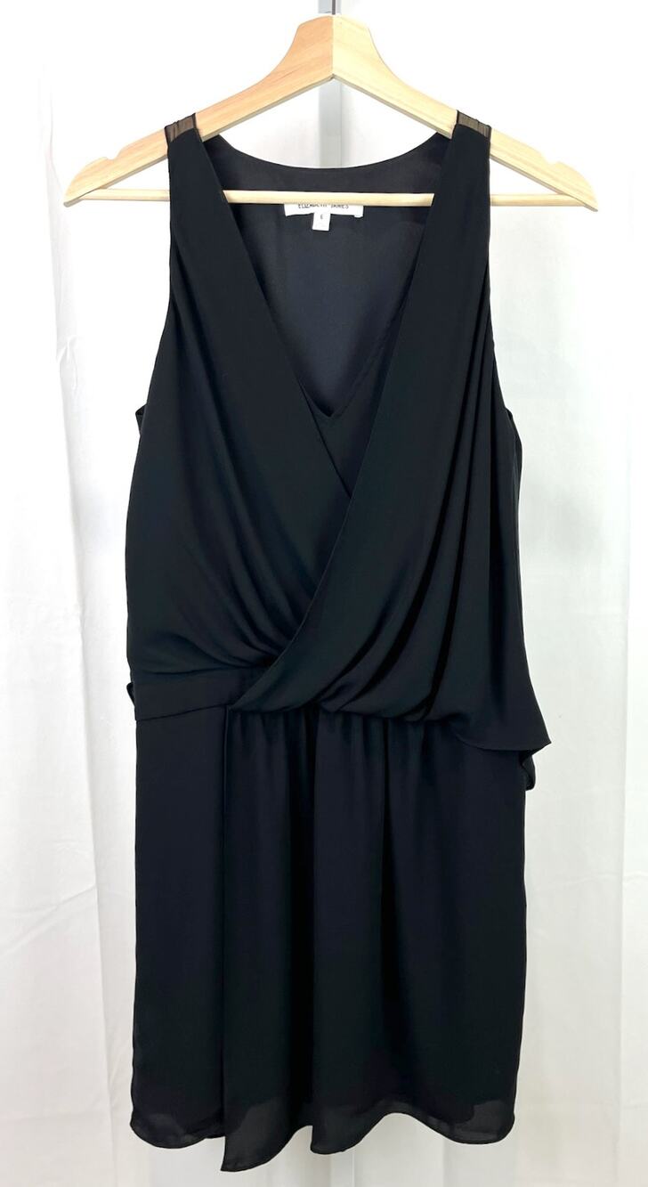 ELIZABETH and JAMES Draped V Neck Dress Sleeveless Sheer Overlay Lined Black 6
